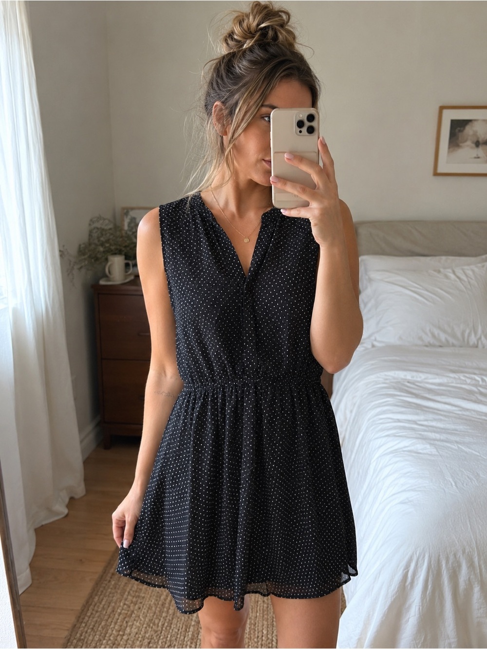 Vintage Black Mini Dress with White Micro Polka Dots